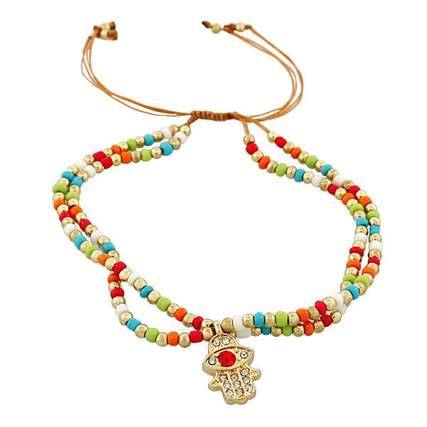 Fashion Alloy Multicolor Red CZ Gold-Tone Hamsa Evil Eye Beaded Adjustable Bracelet