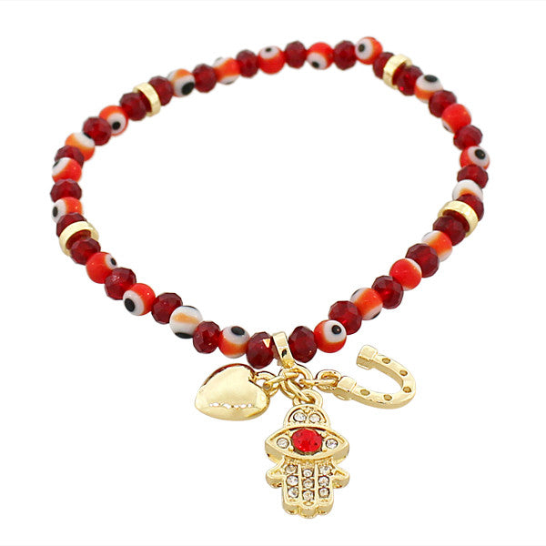 Fashion Alloy Red White CZ Gold-Tone Hamsa Evil Eye Love Heart Horseshoe Beaded Stretch Bracelet