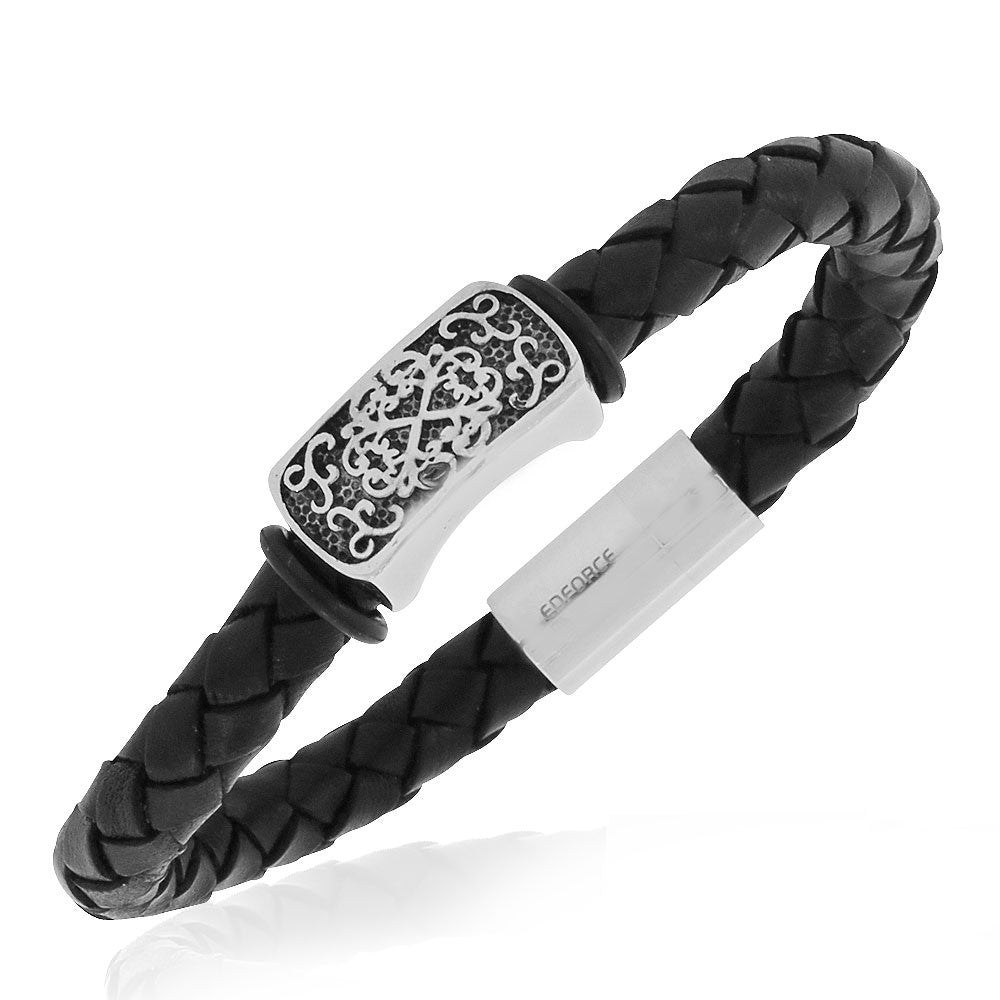 EDFORCE Stainless Steel Black Leather Silver-Tone Filigree Mens Wristband Bracelet, 8.5"