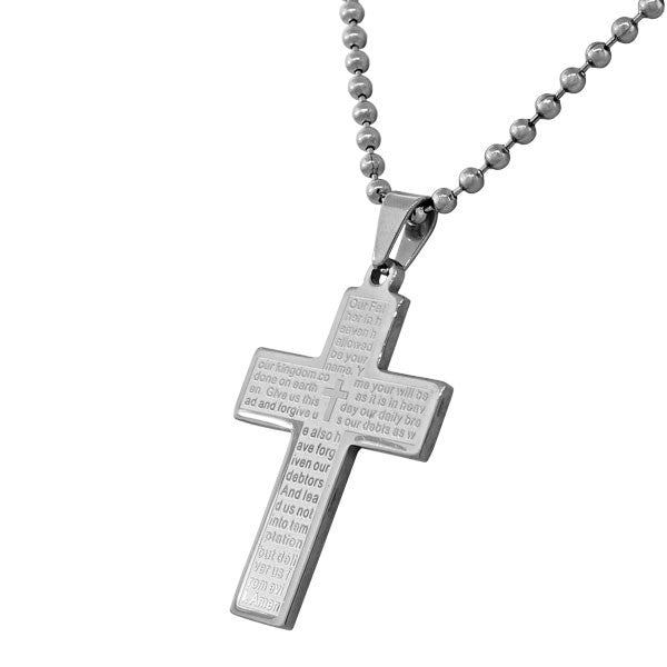 Stainless Steel Silver-Tone Large Cross Lord's Our Father Prayer English Pendant Necklace