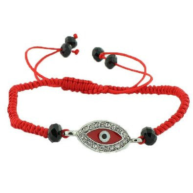 Fashion Alloy Silver-Tone Red Cord White CZ Evil Eye Adjustable Bracelet