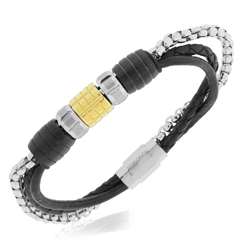 EDFORCE Stainless Steel Two-Tone Black Leather Chain Wristband Mens Bracelet, 7.5"