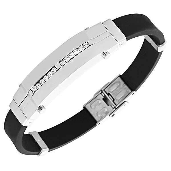 EDFORCE Stainless Steel Black Rubber Silicone Silver-Tone White CZ Men's Bracelet