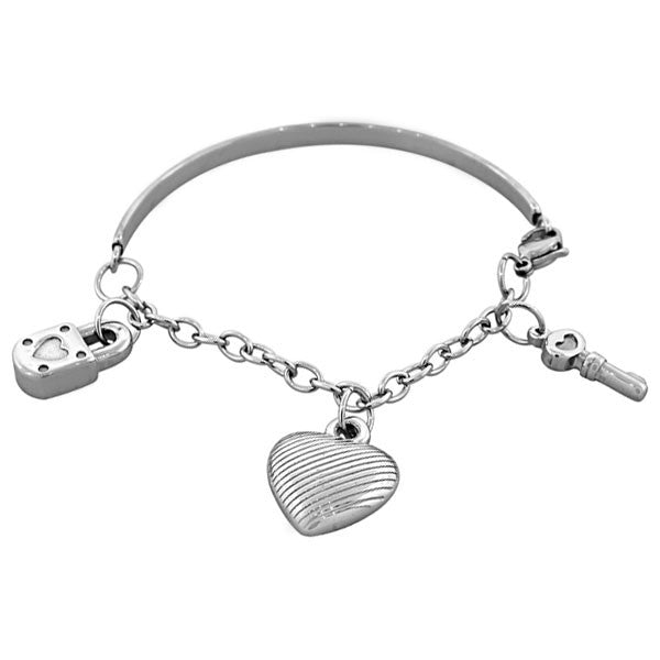 EDFORCE Stainless Steel Silver-Tone Love Heart Key Padlock Bangle Bracelet