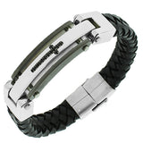 Stainless Steel Black Braided Leather Black CZ Latin Cross Men's Bracelet