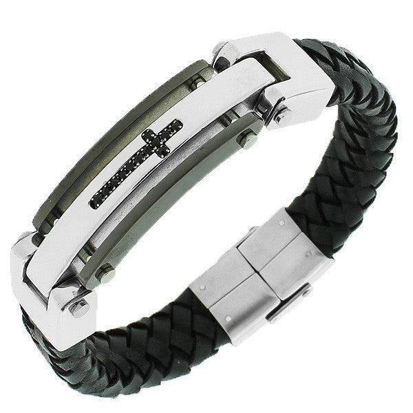 Stainless Steel Black Braided Leather Black CZ Latin Cross Men's Bracelet