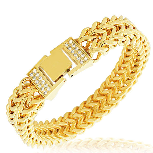 Stainless Steel Yellow Gold-Tone White CZ Double Wheat Chain Classic Men's Bracelet
