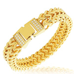 Stainless Steel Yellow Gold-Tone White CZ Double Wheat Chain Classic Men's Bracelet
