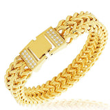 Stainless Steel Yellow Gold-Tone White CZ Double Wheat Chain Classic Men's Bracelet