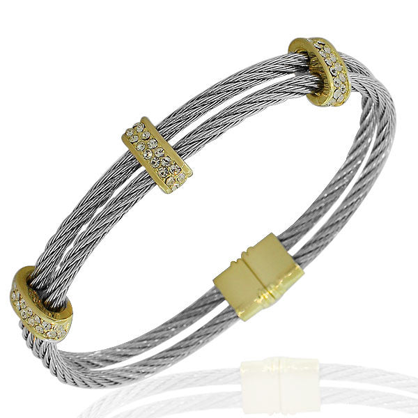 Fashion Alloy Silver-Tone Yellow Gold-Tone White CZ Twisted Cable Bangle Bracelet