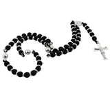 EDFORCE Stainless Steel Black Rubber Silicone Silver-Tone Beads Religious Cross Rosary Necklace Pendant