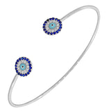 925 Sterling Silver White Blue CZ Protection Evil Eye Open End Bangle Bracelet