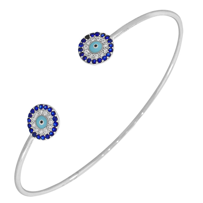 925 Sterling Silver White Blue CZ Protection Evil Eye Open End Bangle Bracelet