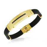 Stainless Steel Black Rubber Silicone Yellow Gold-Tone CZ Men's Bracelet