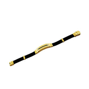 Stainless Steel Black Rubber Silicone Yellow Gold-Tone CZ Men's Bracelet