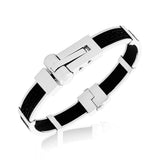 Stainless Steel Silver-Tone Black Rubber Silicone Greek Key Handcuff Men's Bracelet