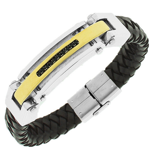 Stainless Steel Brown Leather Two-Tone Black Men's Bracelet