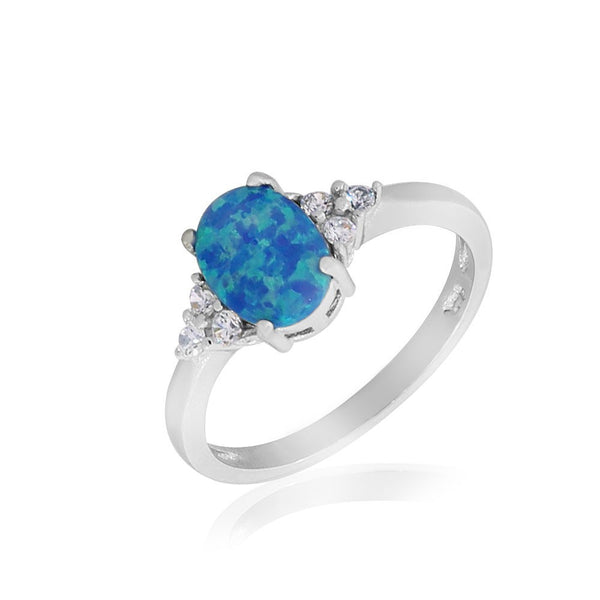 925 Sterling Silver White Clear CZ Blue Simulated Oval-Shaped Opal Ring Band - Size 9
