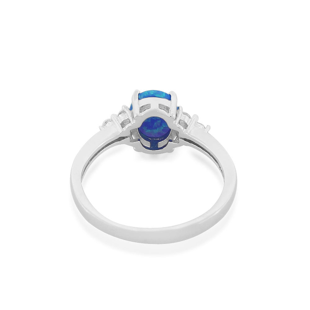 925 Sterling Silver White Clear CZ Blue Simulated Oval-Shaped Opal Ring Band