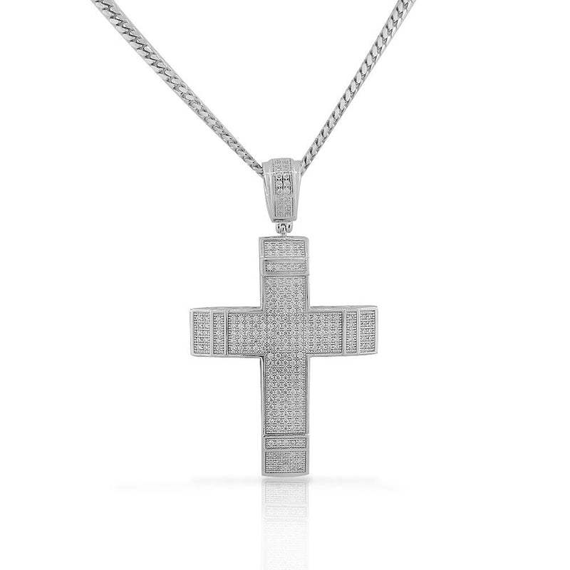 925 Sterling Silver Medium Size White CZ Hip-Hop Latin Cross Religious Mens Pendant Necklace