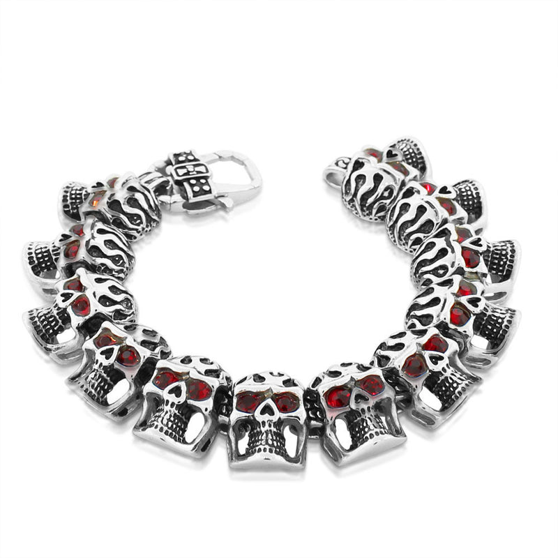 Stainless Steel Silver-Tone Red Ruby-Tone CZ Heavy Skull Men's Bracelet