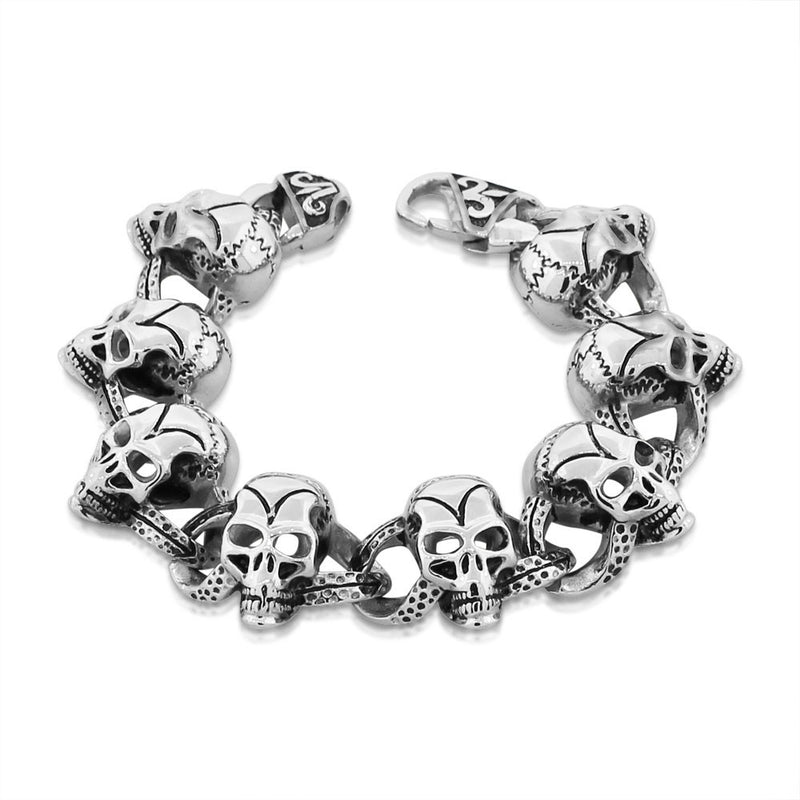 Stainless Steel Silver-Tone Heavy Grinning Skull Men's Link Bracelet