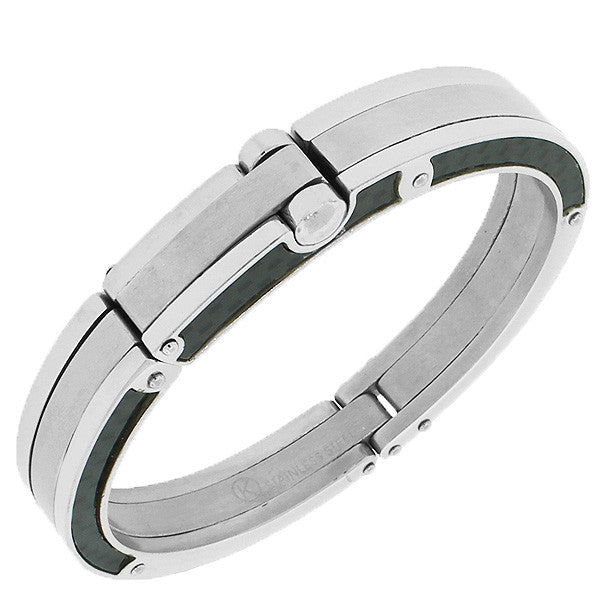 Stainless Steel Black Silver-Tone Simulated Carbon Fiber Handcuff Men's Bracelet
