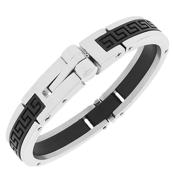 Stainless Steel Silver-Tone Black Rubber Silicone Greek Key Handcuff Men's Bracelet