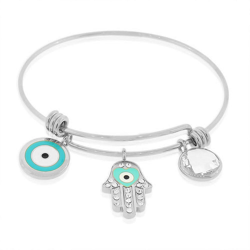 Stainless Steel Silver-Tone Hamsa Evil Eye Bangle Bracelet