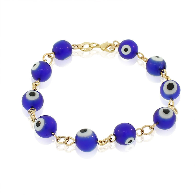 18K Yellow Gold Filled Beaded Evil Eye Protection Blue Link Bracelet