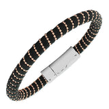 Stainless Steel Black Faux PU Leather Rose Gold-Tone Men's Bracelet