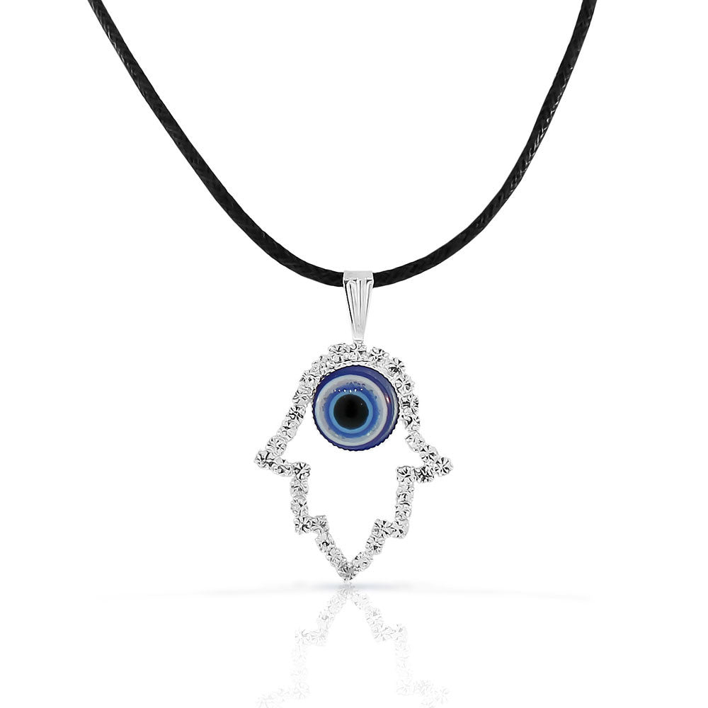 Fashion Alloy Silver-Tone Hamsa Evil Eye Protection White CZ Pendant Necklace
