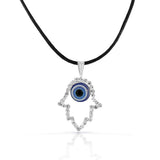 Fashion Alloy Silver-Tone Hamsa Evil Eye Protection White CZ Pendant Necklace