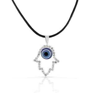 Fashion Alloy Silver-Tone Hamsa Evil Eye Protection White CZ Pendant Necklace