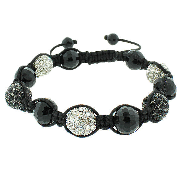 White CZ Black Ball Simulated Onyx Beaded Adjustable Macrame Bracelet