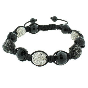 White CZ Black Ball Simulated Onyx Beaded Adjustable Macrame Bracelet