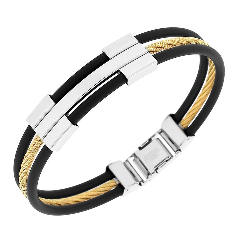 EDFORCE Stainless Steel Black Rubber Silicone Two-Tone Twisted Cable Rope Men's Bracelet
