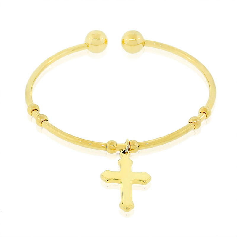 EDFORCE Stainless Steel Yellow Gold-Tone Religious Latin Cross Open End Bangle Bracelet