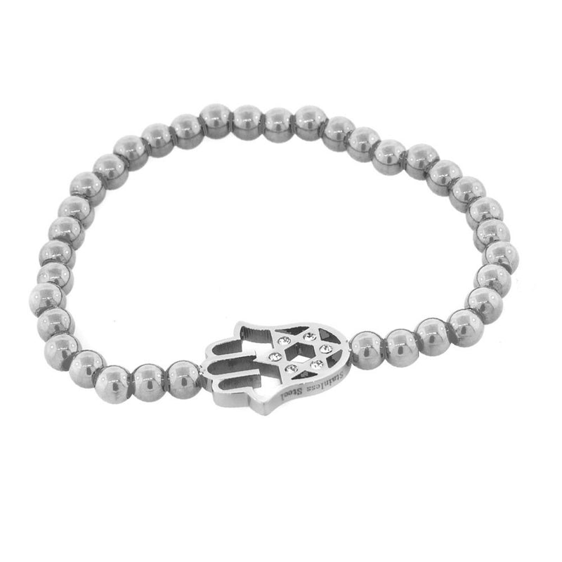 EDFORCE Stainless Steel Silver-Tone Hamsa Star of David White CZ Stretch Bracelet