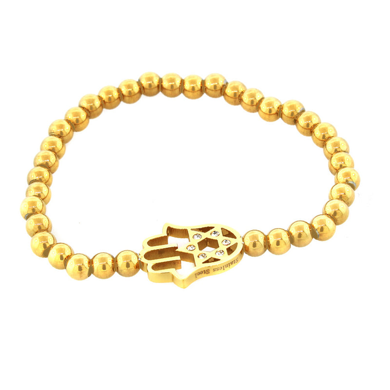 EDFORCE Stainless Steel Yellow Gold-Tone Hamsa Star of David White CZ Stretch Bracelet