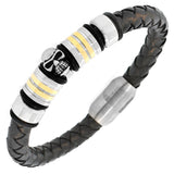 Stainless Steel Black Leather Two-Tone Skull Men's Bracelet