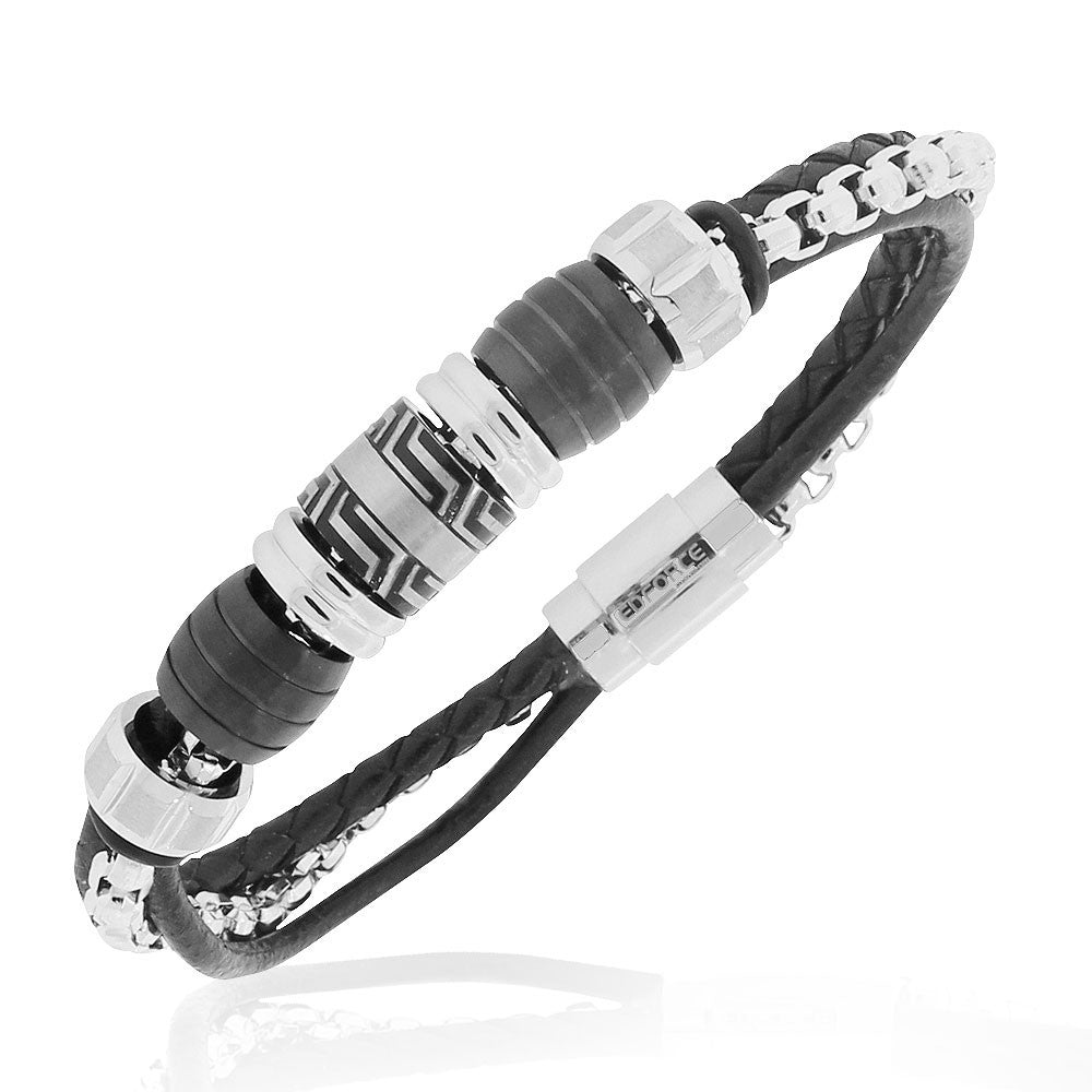 EDFORCE Stainless Steel Silver-Tone Black Leather Chain Wristband Mens Bracelet, 7.5"