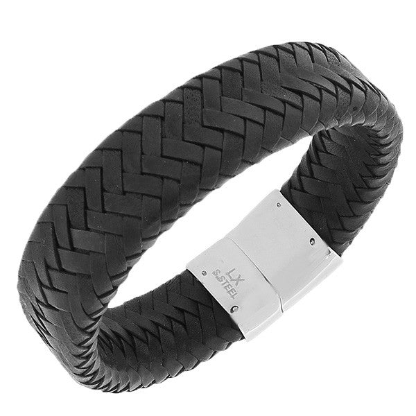 Stainless Steel Black Leather Silver-Tone Wristband Men's Bracelet