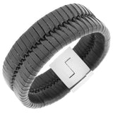 Stainless Steel Black Leather Silver-Tone Wide Men's Wristband Bracelet