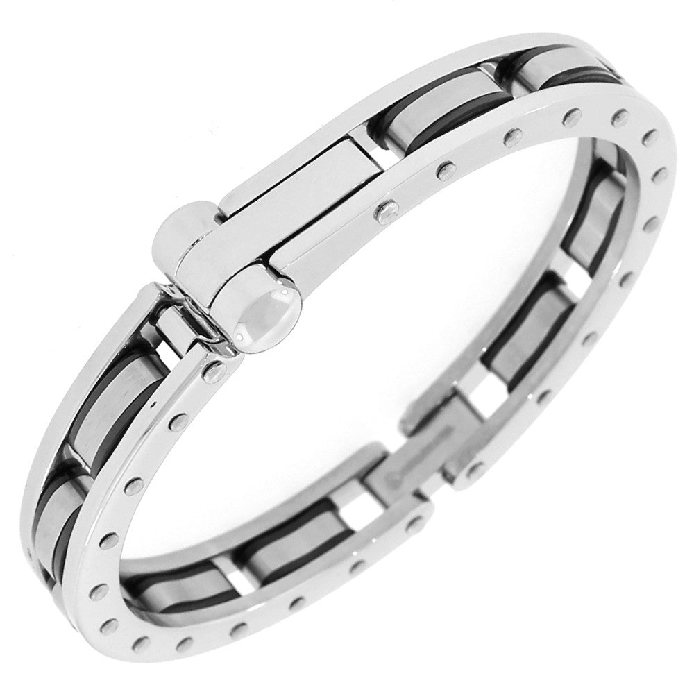 Stainless Steel Silver-Tone Black Handcuff Men's Bracelet