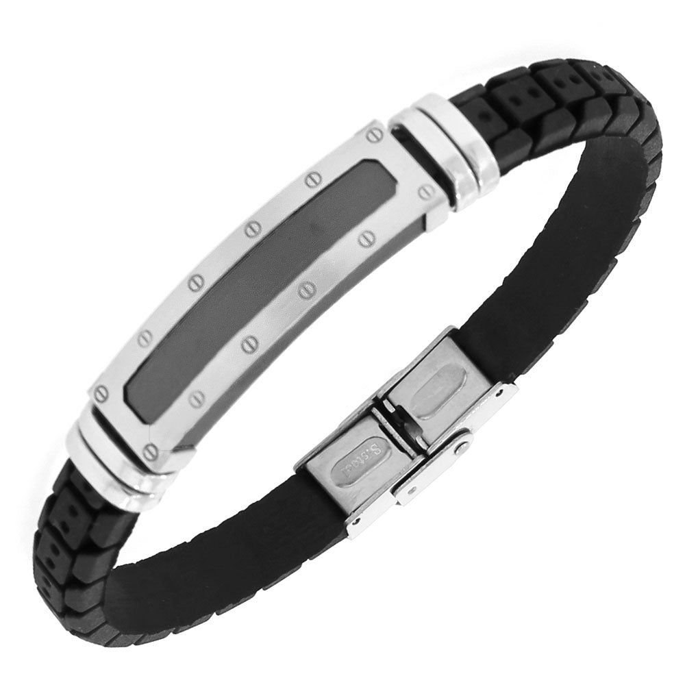 Stainless Steel Black Rubber Silicone Two-Tone Men's Bracelet