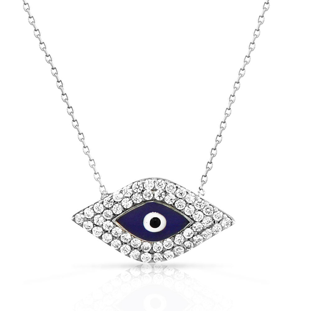 925 Sterling Silver Blue Evil Eye White CZ Protection Pendant Necklace