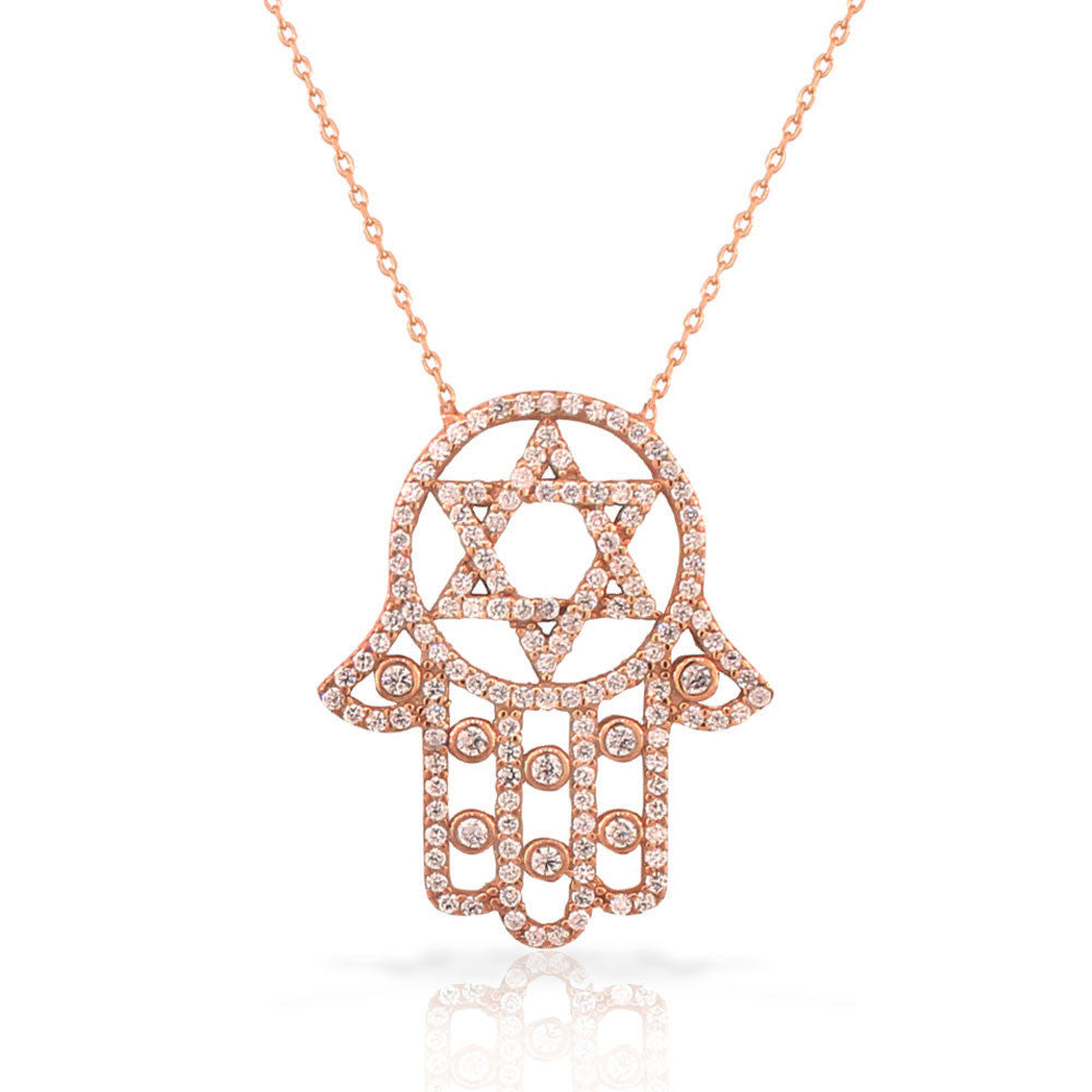 925 Sterling Silver Rose Gold-Tone White CZ Hamsa Star of David Necklace
