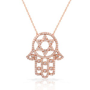 925 Sterling Silver Rose Gold-Tone White CZ Hamsa Star of David Necklace