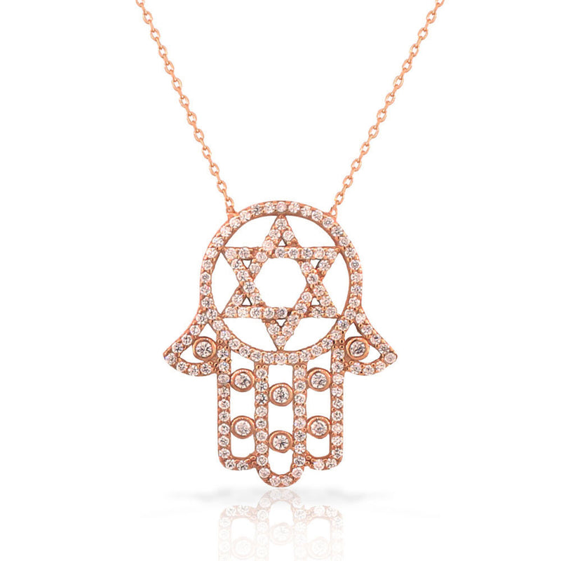 925 Sterling Silver Rose Gold-Tone White CZ Hamsa Star of David Necklace